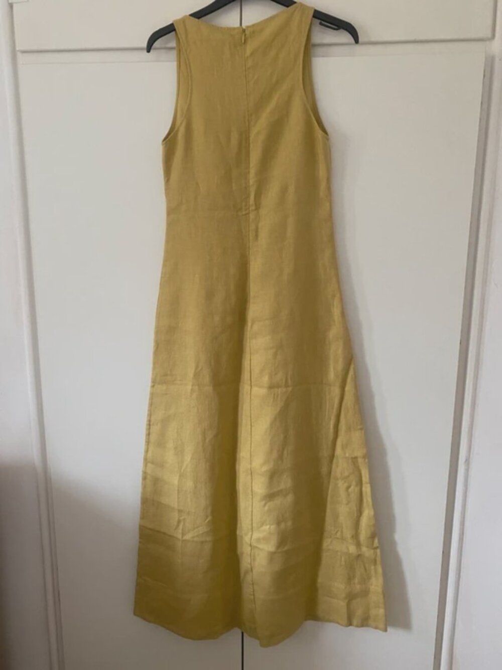 Sleeveless Linen Midi Dress Mustard Yellow High Neck Minimalist Summer Dress - Picture 2 of 4